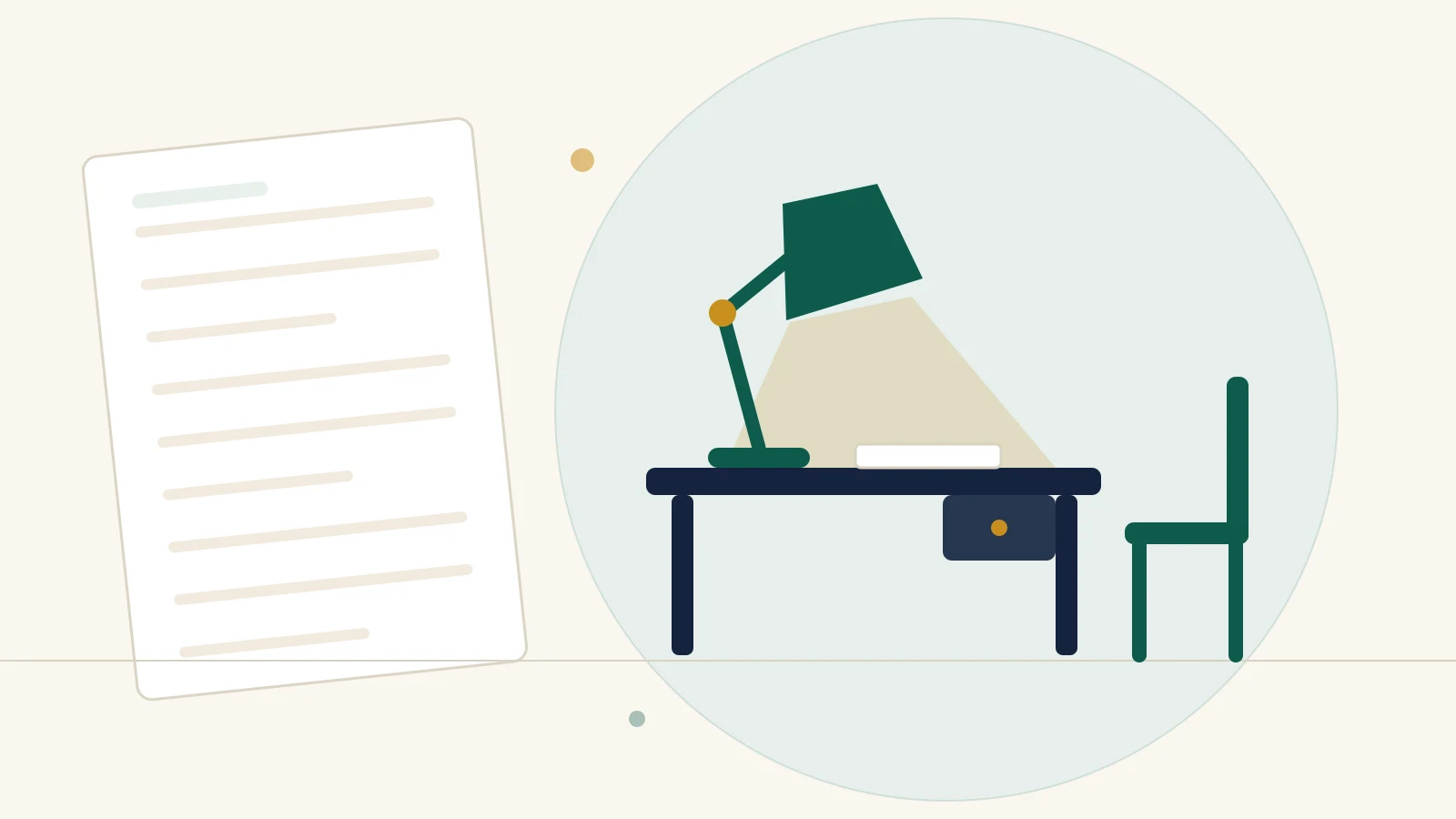 Illustration : un bureau éclairé par une lampe articulée, un cahier posé dessus et une chaise.