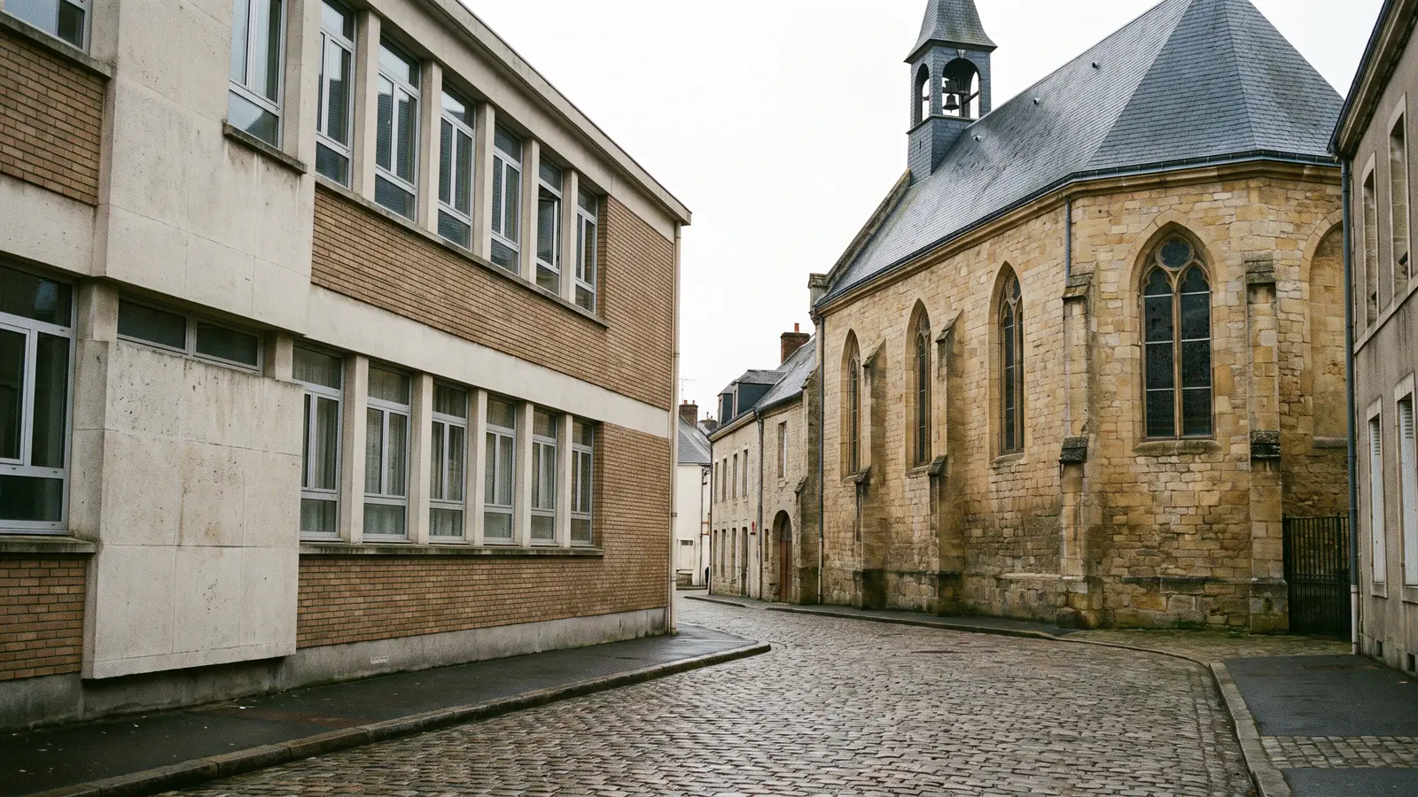 Rue où se font face un collège public des années 1970 en béton et brique et un établissement privé ancien en pierre surmonté d'un clocheton.