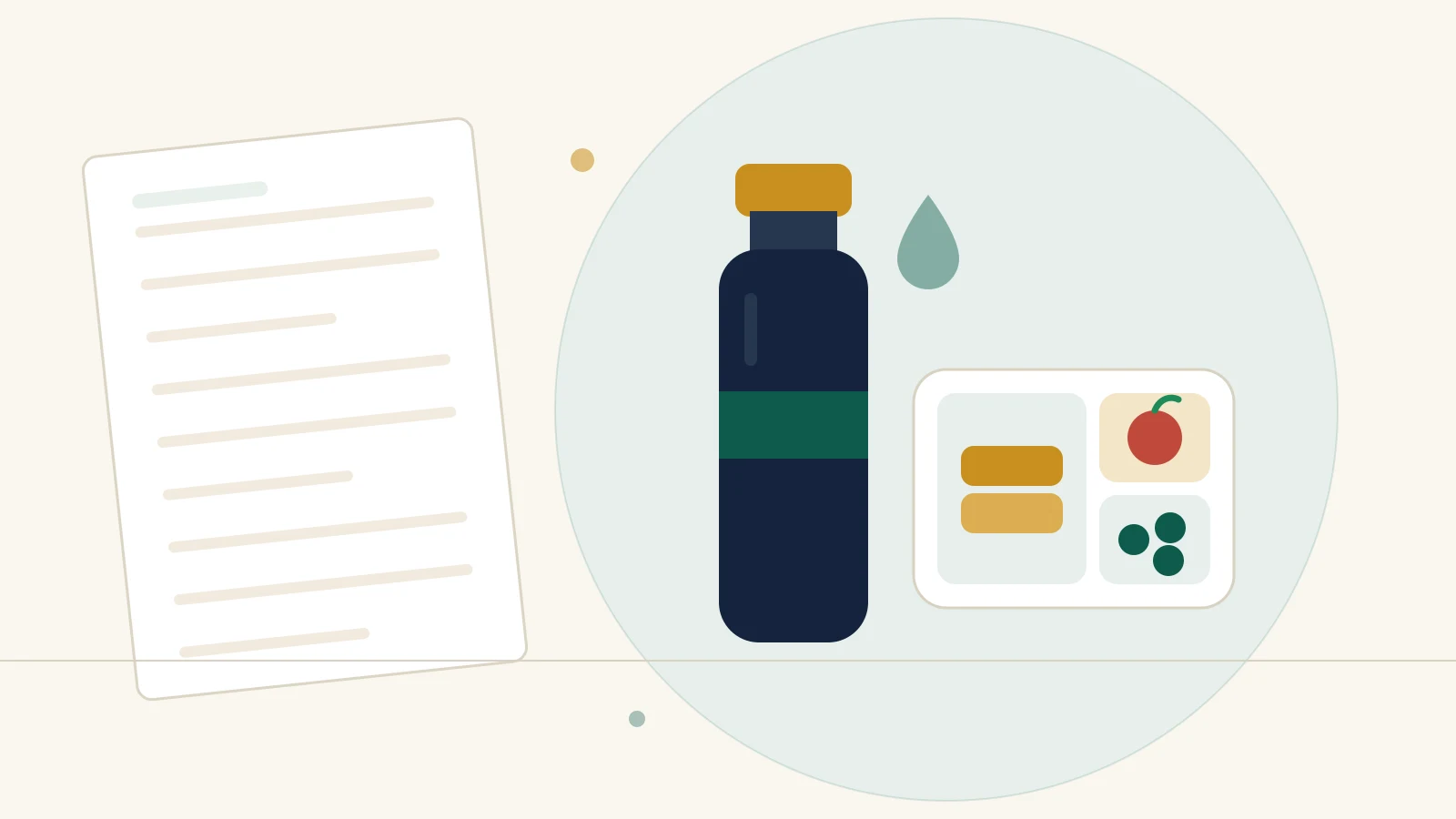 Illustration : une gourde à bouchon vissé, une goutte d'eau et une boîte à goûter à trois compartiments.