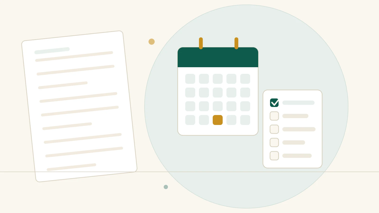 Illustration : un calendrier où un seul jour est marqué, et une liste dont une seule ligne est cochée.