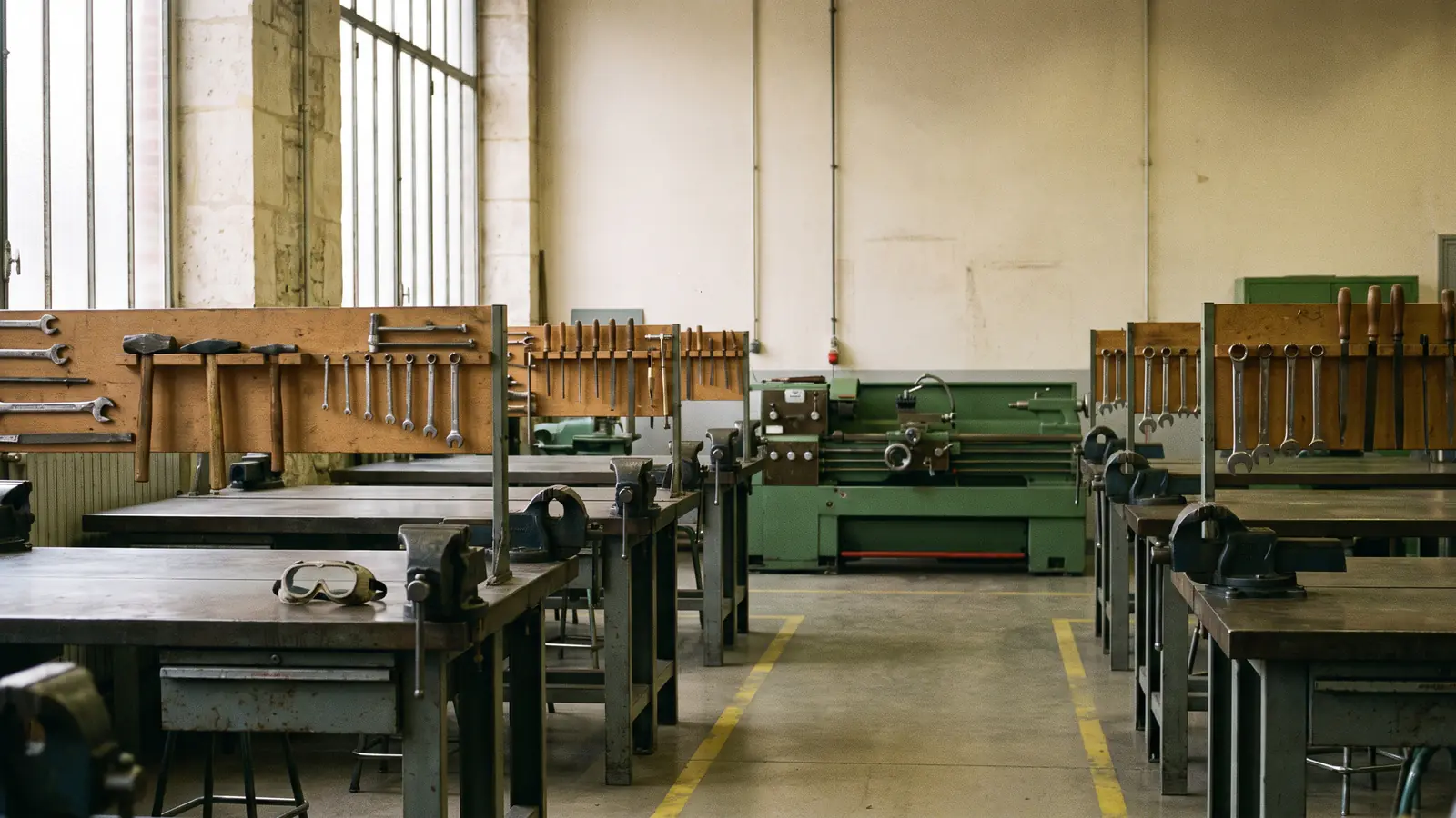 Atelier vide d'un lycée professionnel français : établis métalliques équipés d'étaux, panneaux d'outils alignés et tour à métaux au fond.