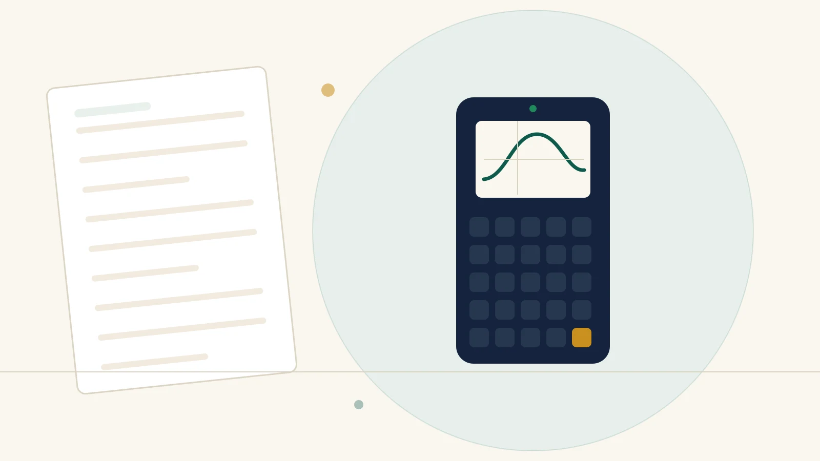Calculatrice graphique posée sur un cahier de maths ouvert, à côté d'une trousse et d'une règle, sur une table de travail en bois clair.