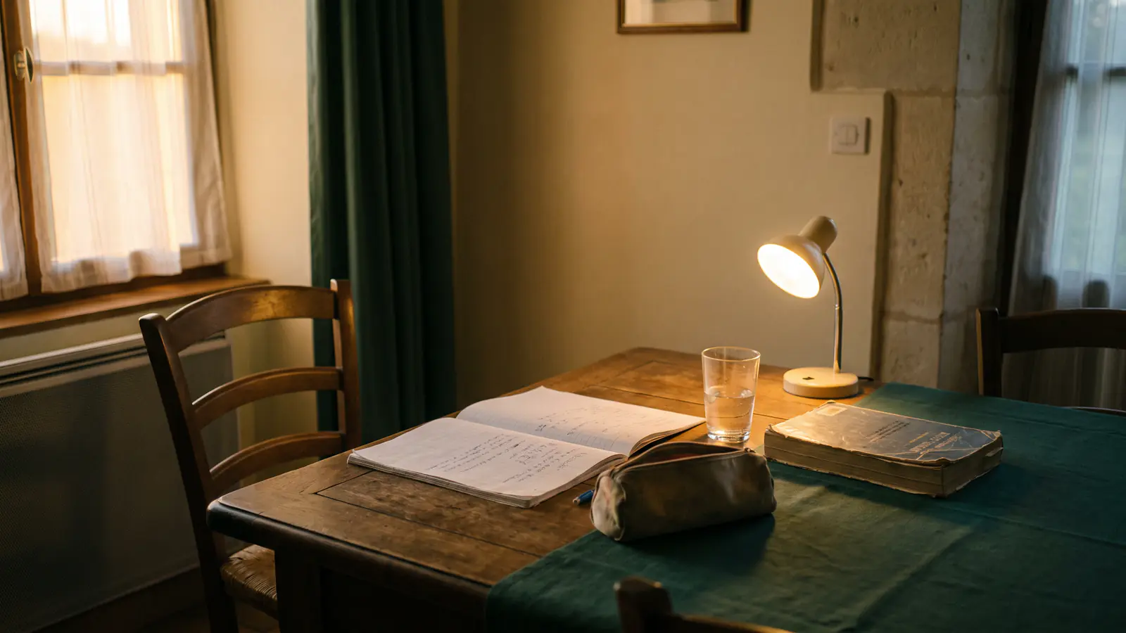 Table de salle à manger installée pour les devoirs en fin de journée : cahier ouvert, manuel, trousse et lampe de bureau allumée.