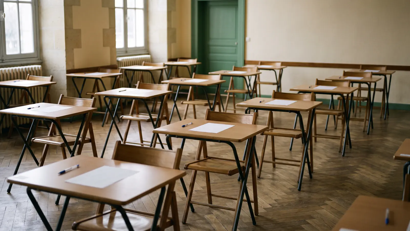 Salle d'examen d'un collège français préparée pour le brevet : rangées de tables individuelles espacées, une copie vierge et un stylo sur chacune.